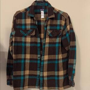 Patagonia Men's Brown and Teal Plaid Shirt